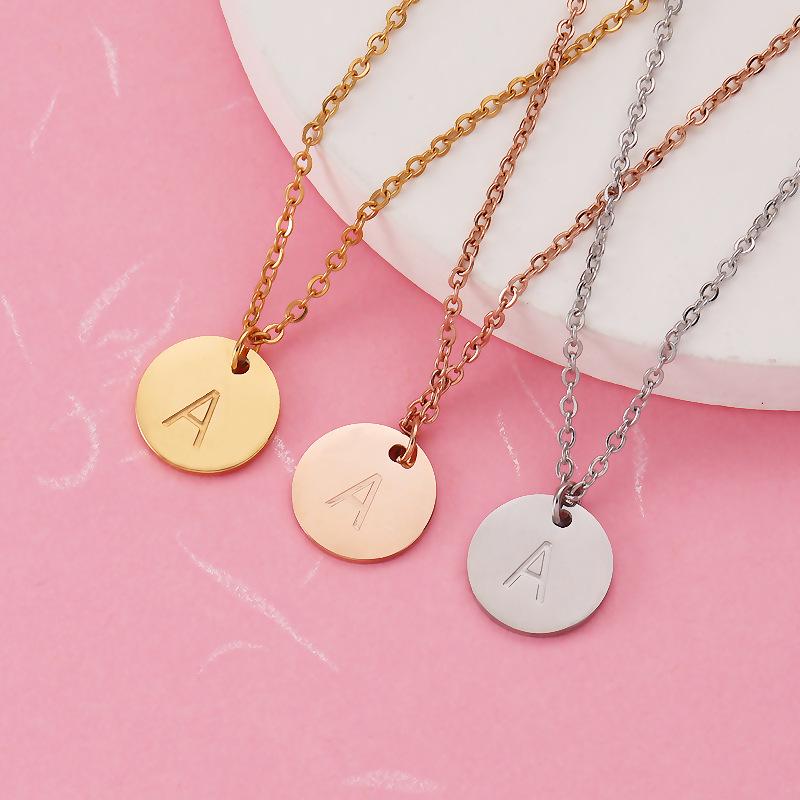 Personalized European Style Stainless Steel Round Pendant Necklace for Couples & Best Friends with Etched English Letters