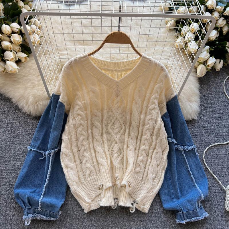 

Осенний новый джинсовый лоскутный джинсовый свитер с v-образным вырезом в стиле ретро, ​​шикарный свободный свитер с отверстиями