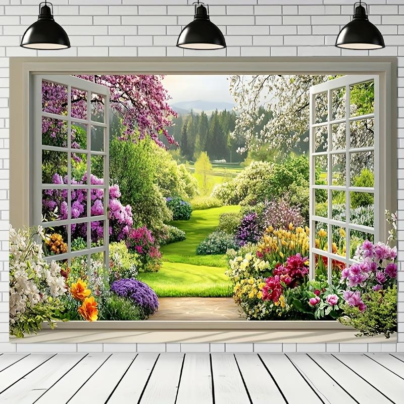 2D flat 1pc spring garden landscape polyester banner, through the window, perfect living room decoration and room decoration