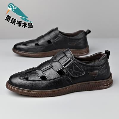 Sandalen Business Sommer Baotou Ein Pedal Herren Schuhe Weichsohlige Klettverschluss Herren Freizeitschuhe aus Leder
