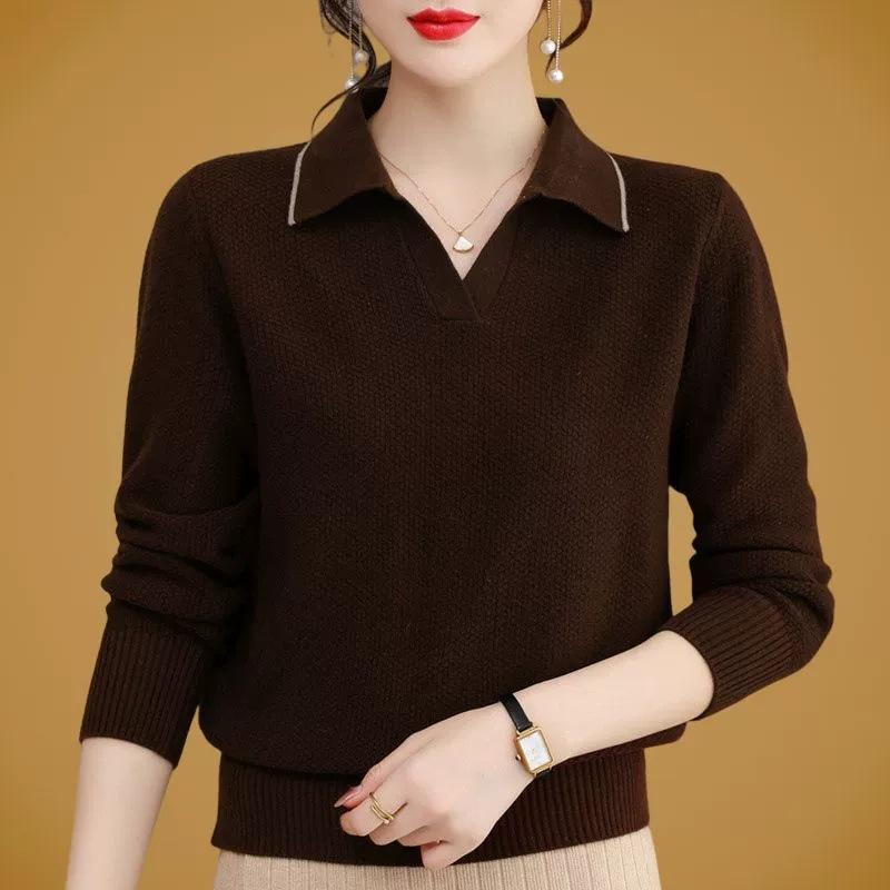 

Женский весенне-осенний новый свитер-пуловер с лацканами, облегающий, универсальный, для молодых мам, женский базовый трикотаж свободного кроя average size кофейный