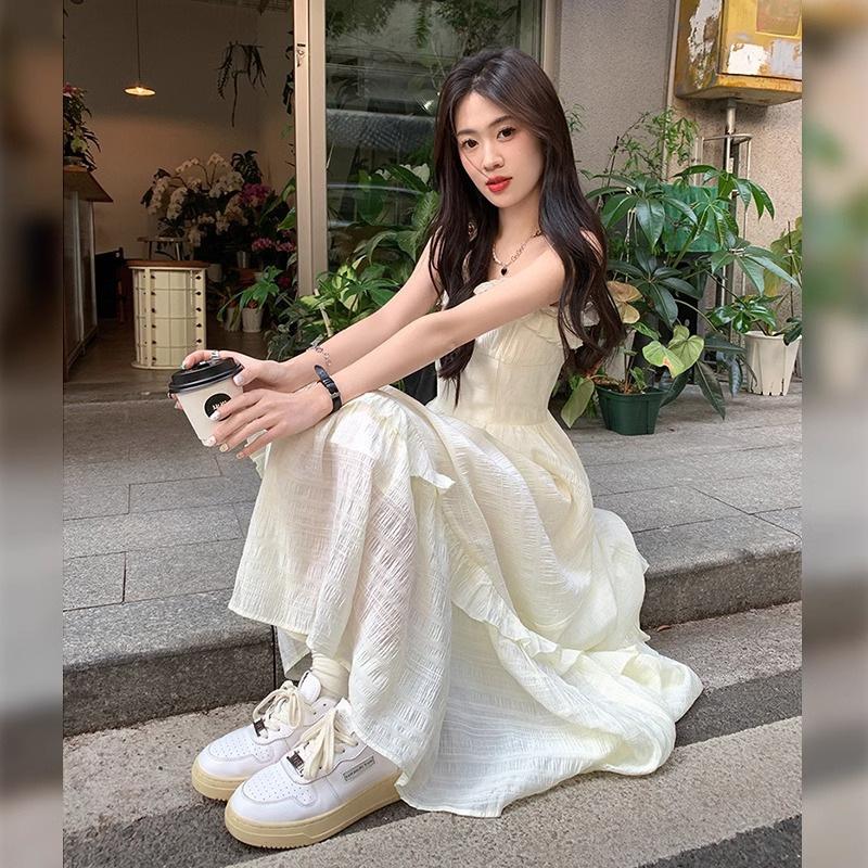 Gentle Wind Small A-shaped Long Skirt Summer New French Fairy Small White Dress Suspender Dress