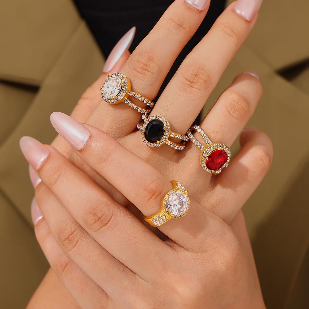 

French Retro Oval Zircon Pave Diamond Ring, 18K Gold-Plated Titanium Steel, Court Style Hand Jewelry. Size 6
