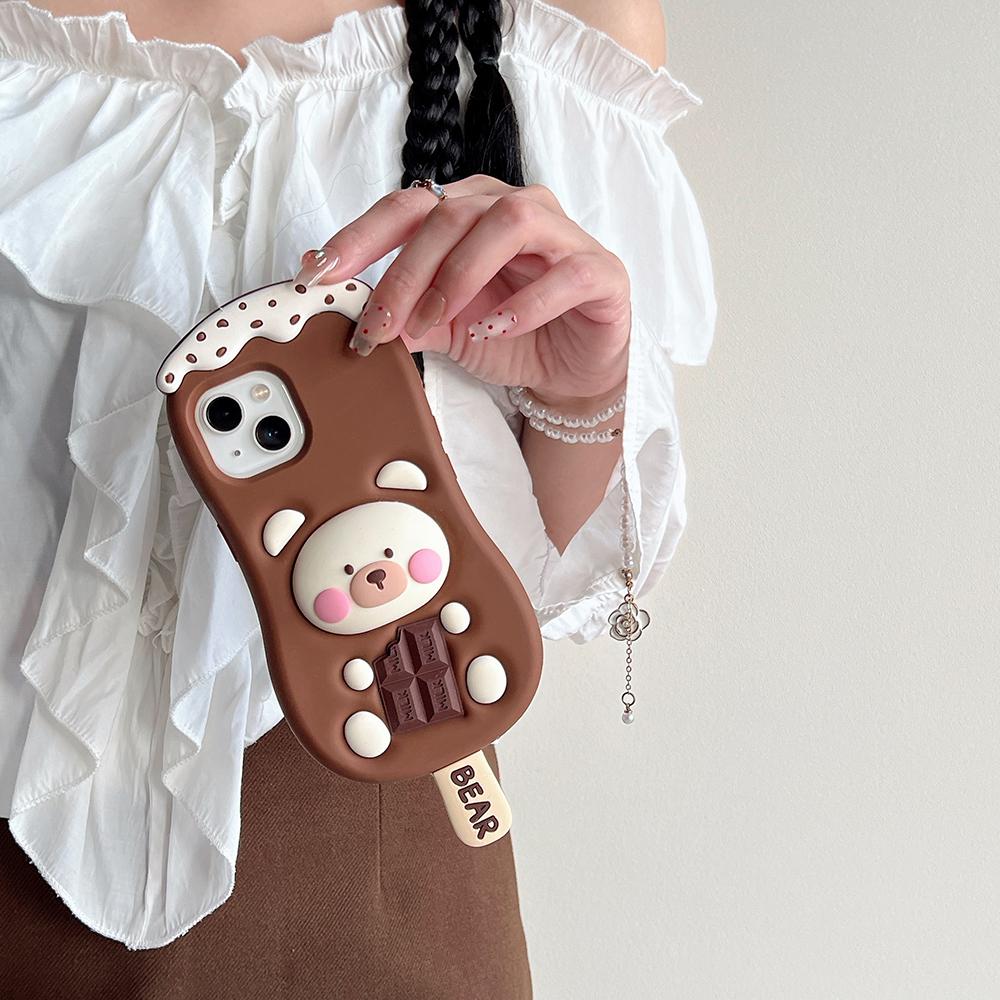 Kawaii 3D Cartoon Chocolate Ice Cream Bear Phone Case For iPhone 16 15 14 13 12 Pro Max 11 Cute Soft Silicone Back Cover