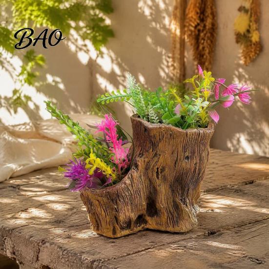 Small Succulent Planters Resin Tree Stump Flowerpot for Succulents Plants, Imitation Wood Grain Planter Decorative Plant Containers Indoor Home Office