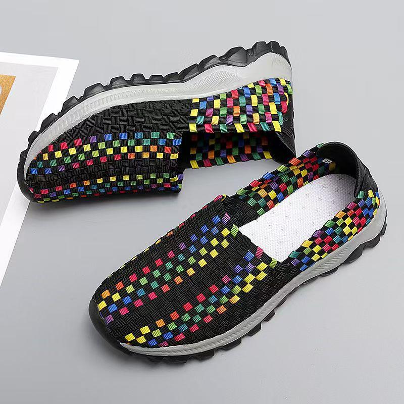 Damen Große Größe Handgewebte Freizeitschuhe Frühling Sommer Neu Dicke Sohle Flach zum Hineinschlüpfen Runde Zehenpartie Lässige Sneaker Laufschuhe