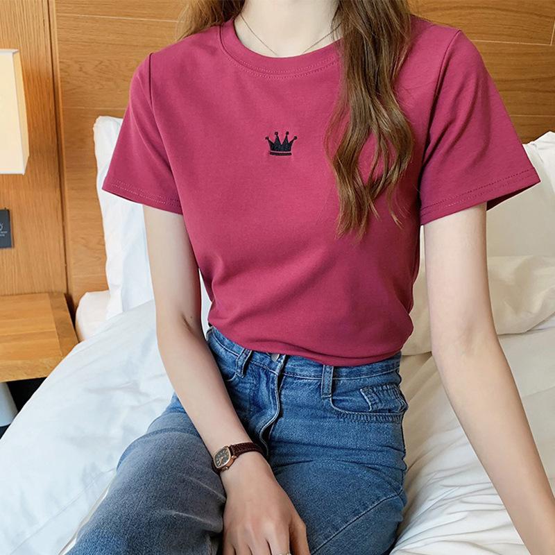 Summer Slim Fit Embroidered Round Neck Short Sleeved T-shirt for Women Student Women's Base Top Shirt