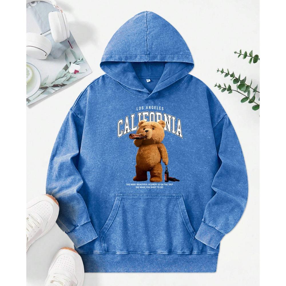 A Bear Drinking Beer Kawaii Print Washed Hoodies Female Autumn Cotton Pullover Pocket Oversize Hoody Womenwear