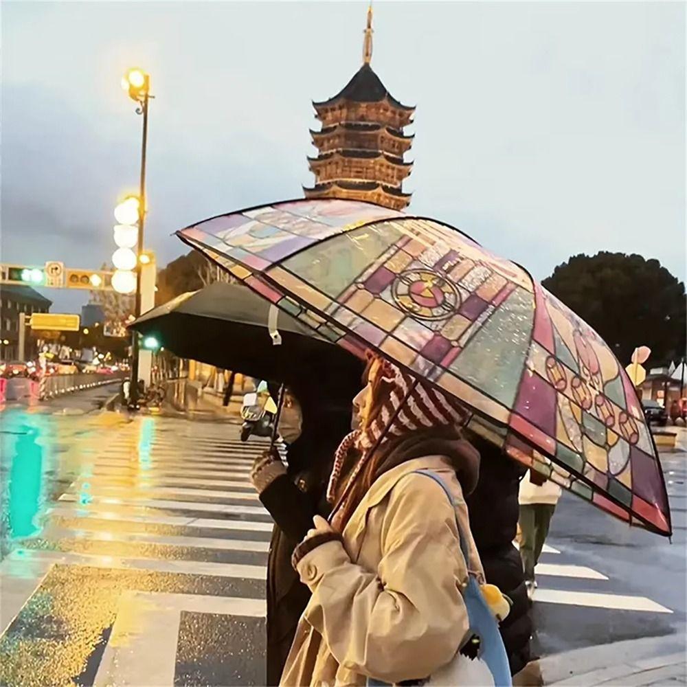 Stained Glass Print Stained Glass Umbrella Hand-Painted Design Long Handle Umbrella  Sun Protection