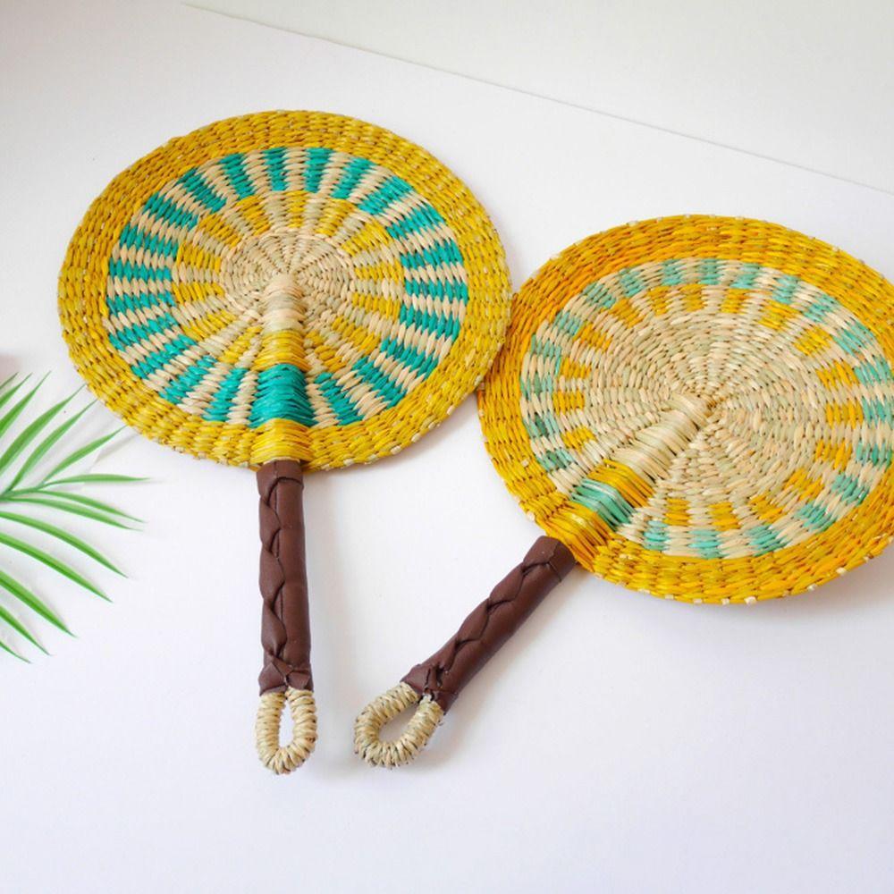 Vintage Seagrass Woven Fan Bohemian Summer Cooling Fan Decorative Handheld Fans Home Decoration