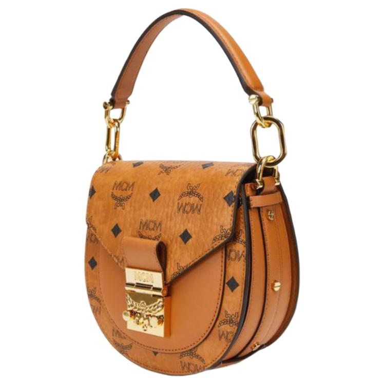 New MCM Patricia Visetos Cow Leather Saddle Bag, Crossbody Bag, One Shoulder Handbag Women's Brown Cognac MWSAAPA02CO001