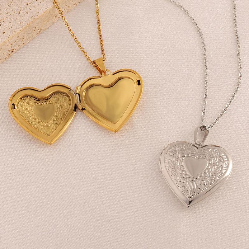 Gold Plated Heart-shaped Pendants Can Openable Frame Love Faith Stainless Steel Embossing Heart Locket Pendant Memorial Necklace
