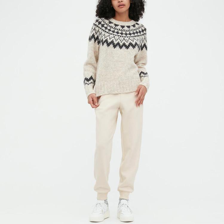 UNIQLO Solid Color Drawstring Elastic Waist Cuffed Casual Pants Women pants Off-White 453514-01