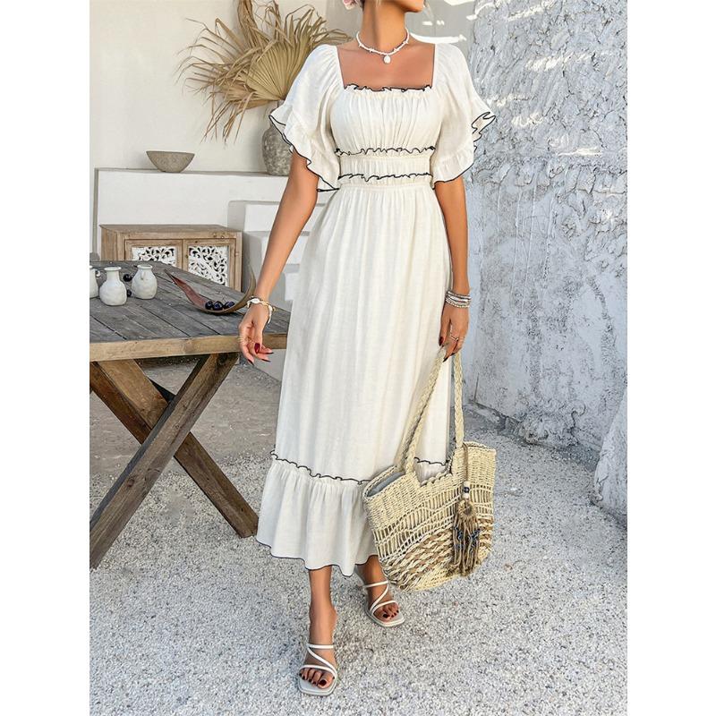 Summer Bohemian Casual Vacation Contrasting Colors Two-wear Short-sleeved Dress for Women