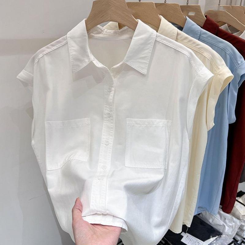 French Style Minimalist Summer Commuti Short Sleeve Chiffon Blouses Women's Patchwork Solid Pocket Loose Polo Neck Button Shirts