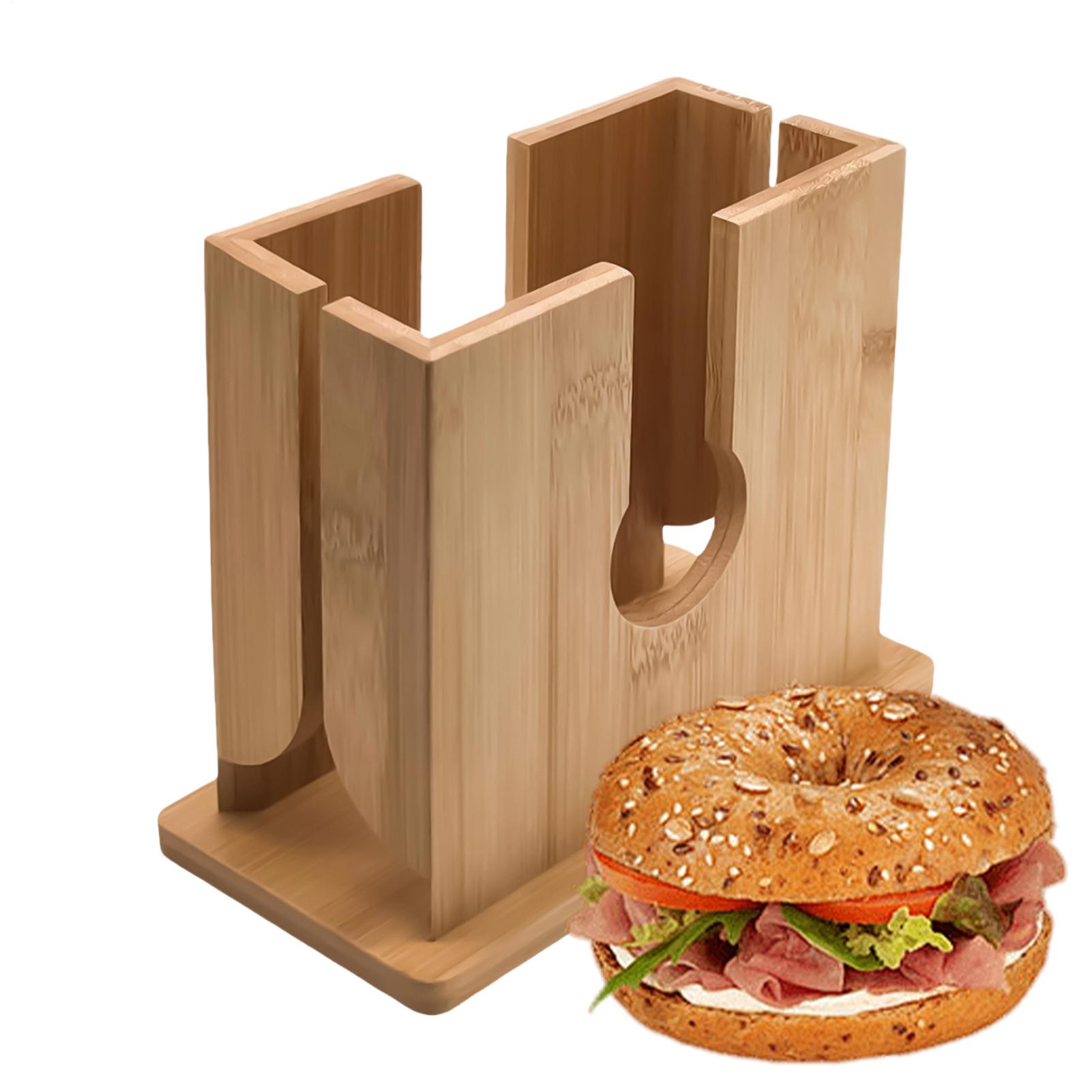 

Wooden Bamboo Bagel Slicer Holder Wood Anti-Slip Effortless Cutting Groove Bread Cutter Kitchen Gadget For Safe & Even Slices CN