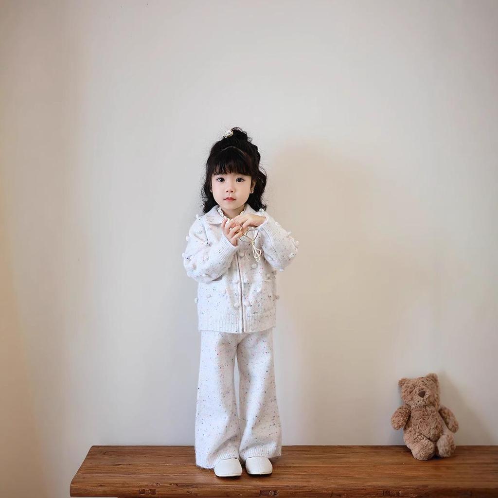 Girls' Pom-pom Knit Cardigan & Wide-leg Pants Set - Warm, Soft, and Fluffy for Autumn/Winter