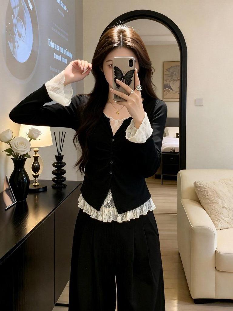 2026 Spring Plus Size Lace Patchwork Long Sleeve Women's T-shirt