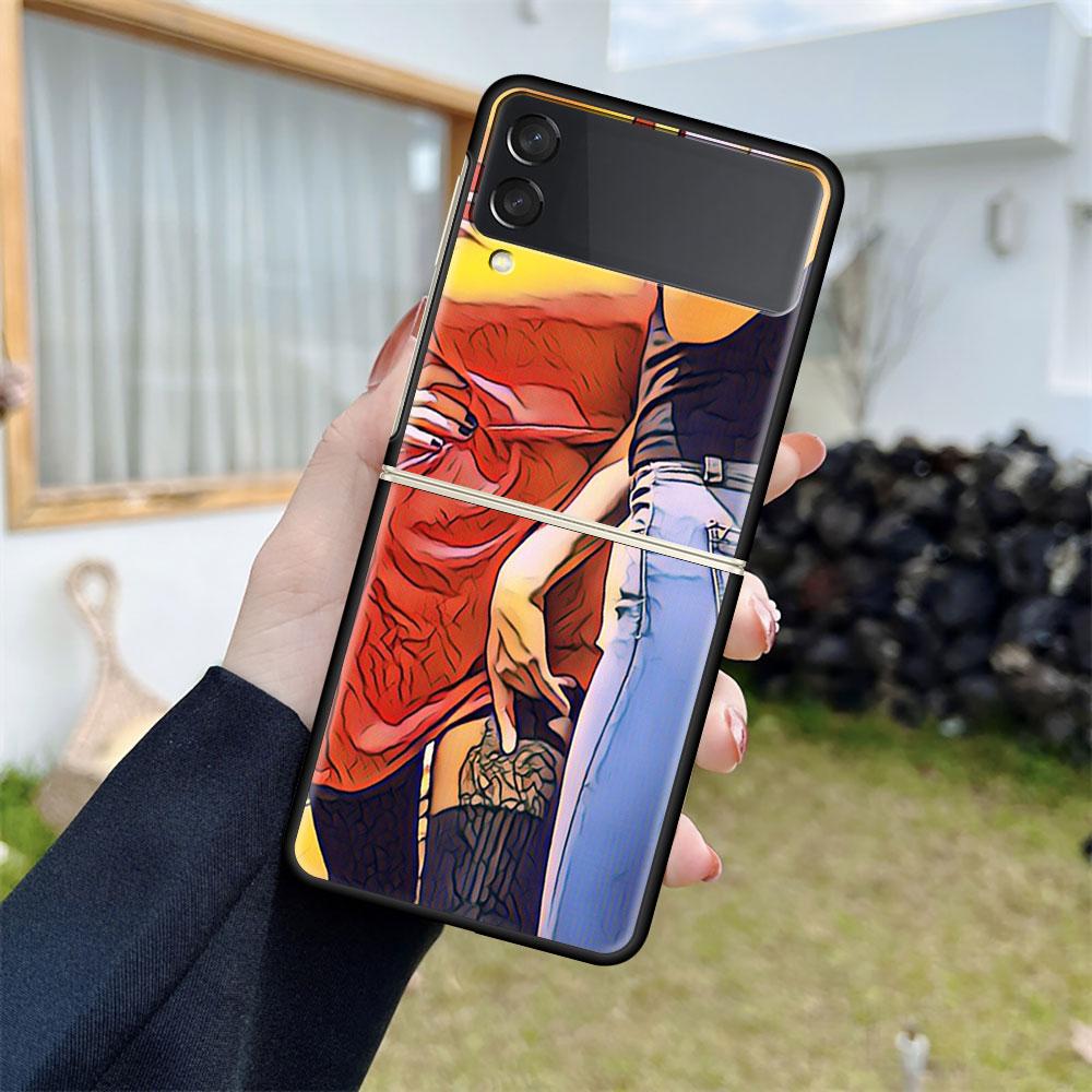 Luxury Case For Samsung Galaxy Z Flip 4 3 5G Black PC Hard Phone Cases Fashion Back Cover ZFlip Funda Sexy Tattoo Girl Shell Sac