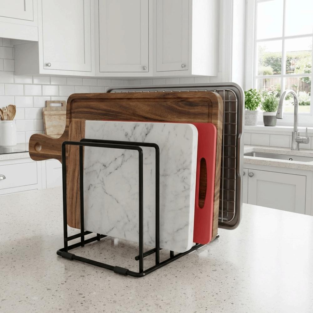 Iron 5 Slots Divided Rack Heavy Duty Space Saving Pan Storage Rack Rust-Resistant with Anti-Slip Feet Cookware Holder Cabinet