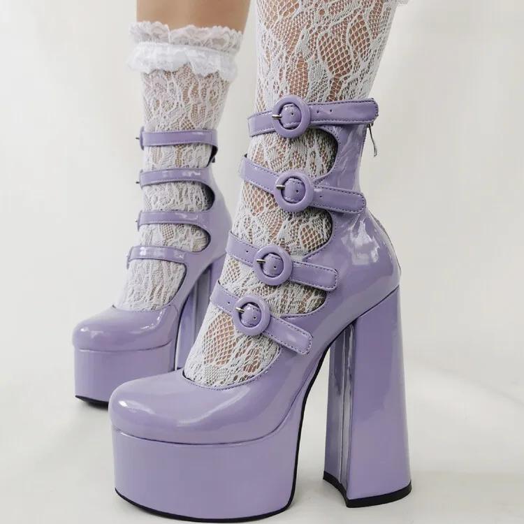 Fashion New Butterfly Big Size 36-47 Women Sandals Buckle Thick High Heels15cm Female Shoes Patent Leather Pink Black High Heels