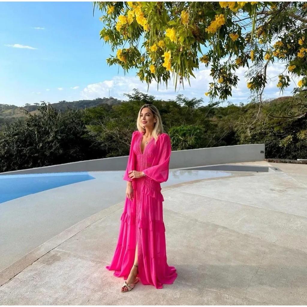 LYRIA Women Elegant Layered Ruffles Patchwork Long Dress Chic V Neck Puff Full Sleeves Split Maxi Dresses Fashion Lady Party Robes