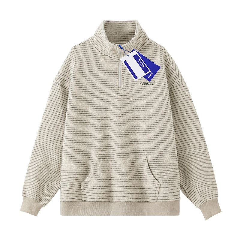

Wassup American Retro Striped Half-High Collar Zipper Sweatshirt for Men, Autumn and Winter Heavyweight Youth Trendy Stand-Up Collar Top Oatmeal Apricot 2XL