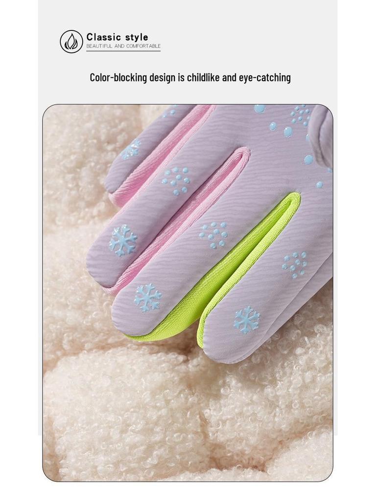 Kids' Winter Gloves: Fleece-Lined, Warm, Non-Slip, Waterproof for Skiing, Cycling, and Playing, with Cute Ribbed Cuffs and Five Finger Design.