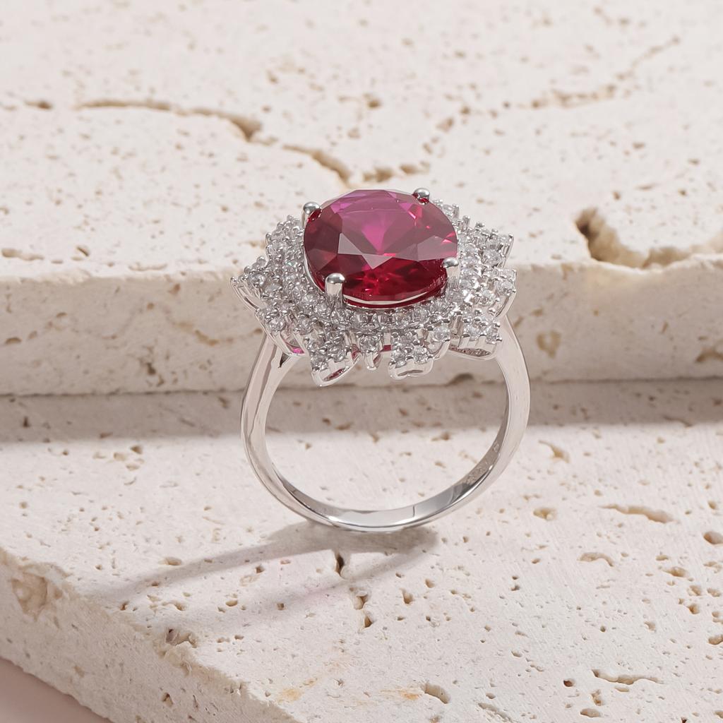 Classic 6.7 Carat Colored Treasure Ring Grand Main Stone S925 Sterling Silver Set Cultured Ruby Ring White
