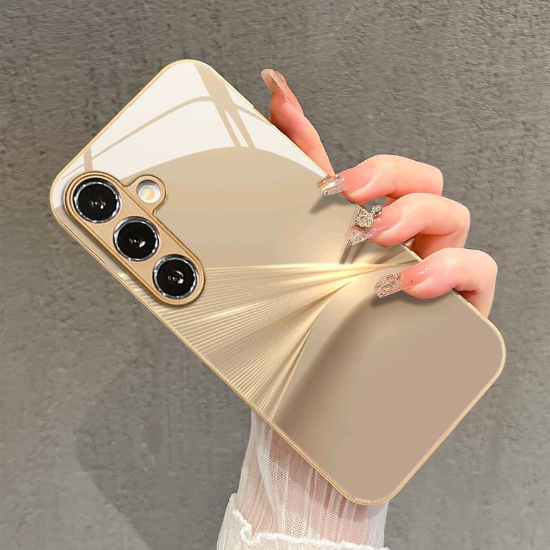 Minimalist Gold Curved Projection Pattern Glass Phone Case Suitable for Samsung Galaxy S26 S25 S24 S22 S21 S20 FE Ultra Plus