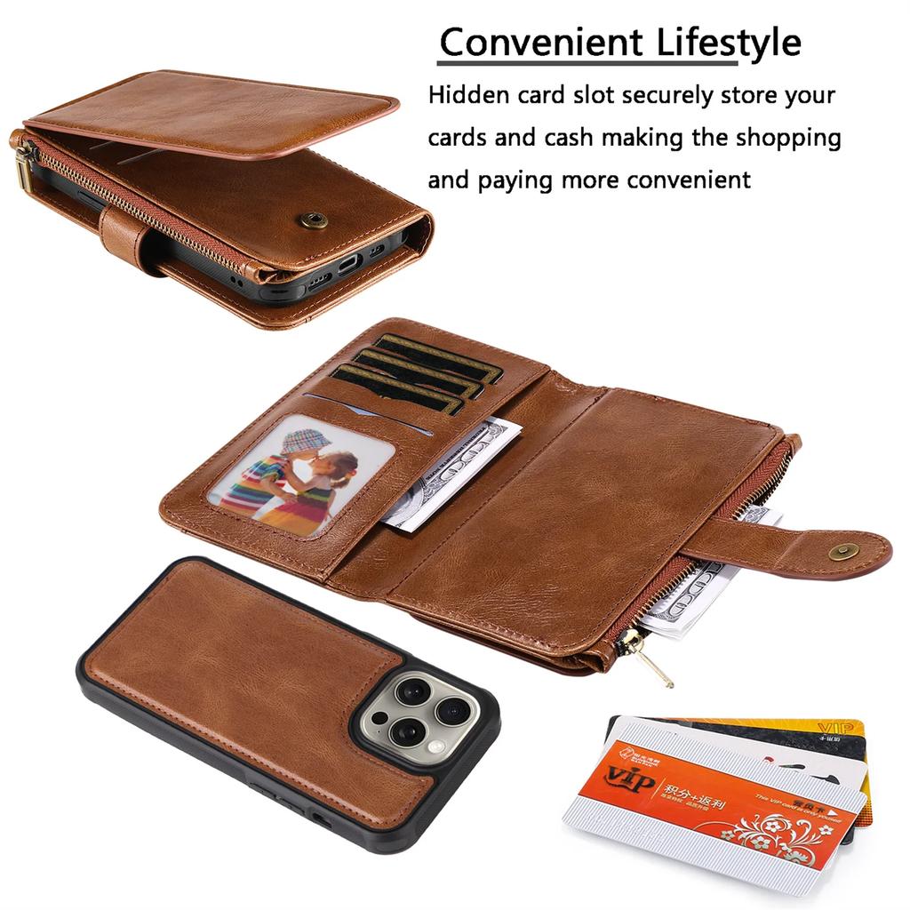 Luxury Detachable Retro Leather Case for iPhone 16 15 14 Pro Max 7 8 XR Xs Max 11 12 13 Mini 14 Plus Cover Zipper Wallet Purse