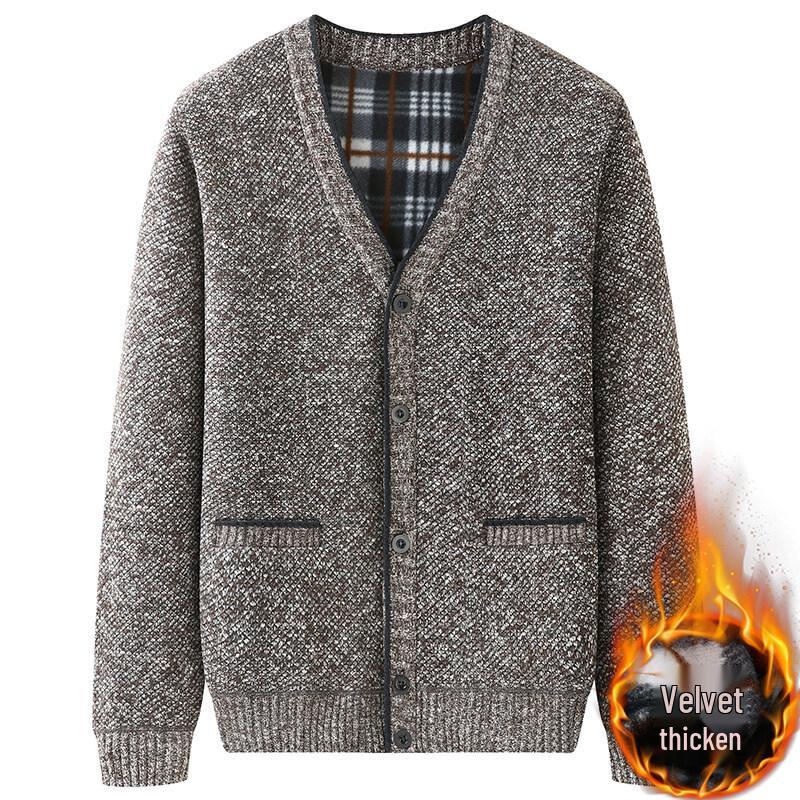 Men's Grey Plus Velvet Cardigan Sweater - Autumn/Winter Warm Knitwear for Middle-aged and Elderly