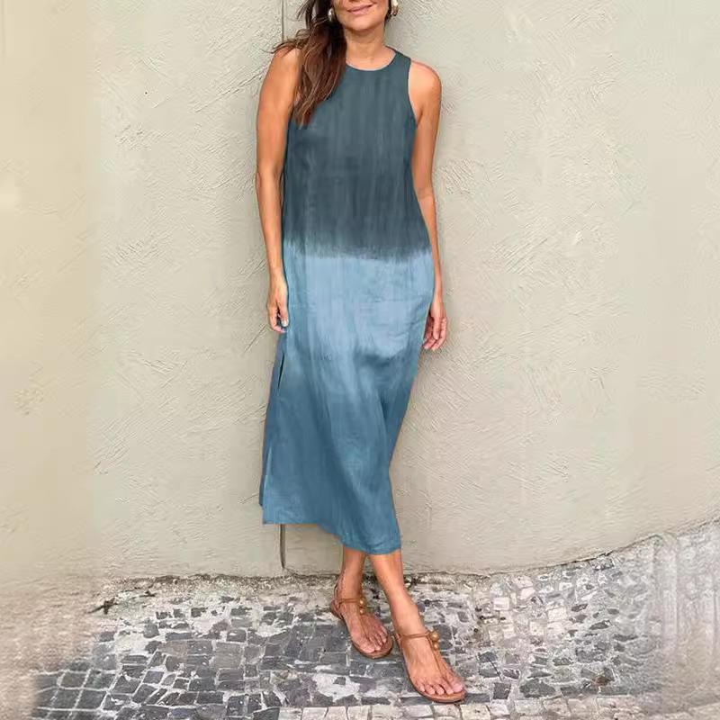 European and American summer cotton and linen round neck sleeveless gradual change dress casual women color matching straight slit