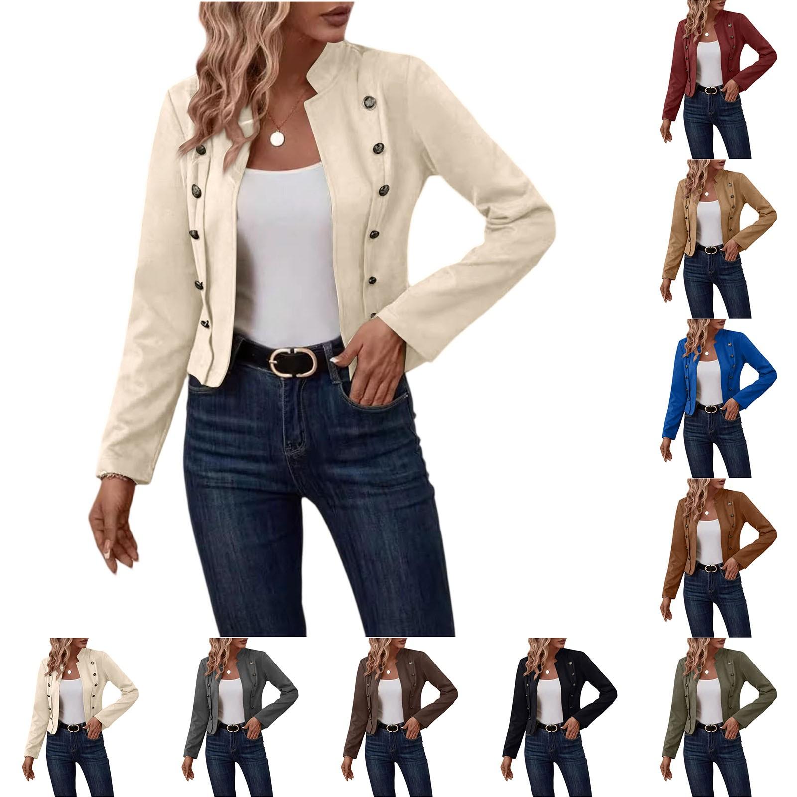 

Women s Casual Business Long Sleeve Front Opening Slim Fit Cropped Jacket L бежевый