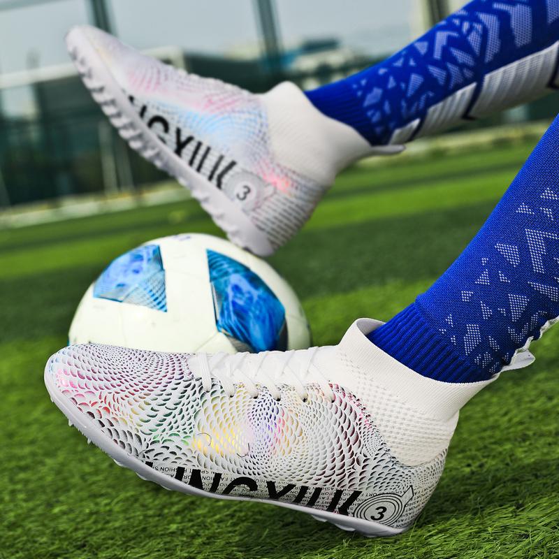 31-48unisex Football Shoes High-top Elastic Rubber Soft Bottom TF Football Shoes Men's Training Special Children Competition Training Football Shoes