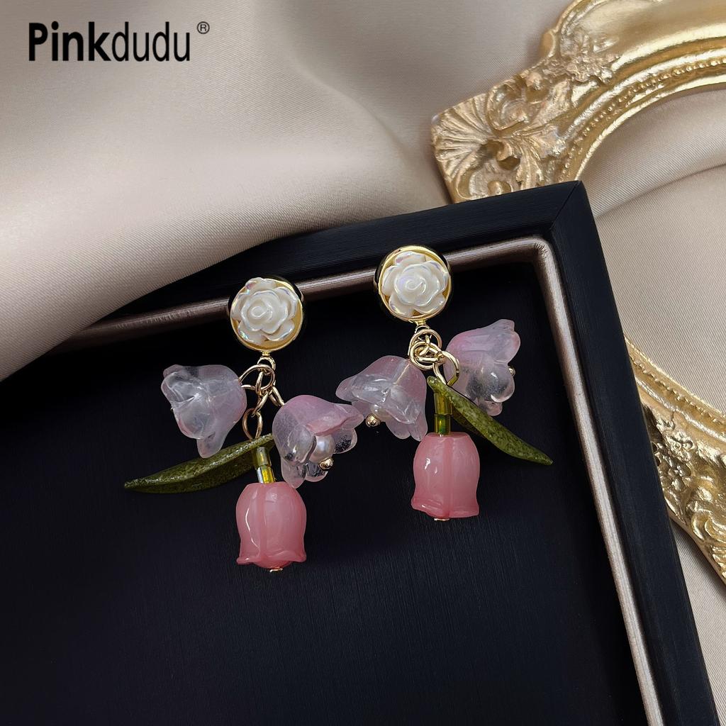 Pinkdudu 2023 Sweet Pink Rose Green Leaf Drop Earrings Fashion Creative Silver Needle Flower Earring for Women Jewelry PD1459