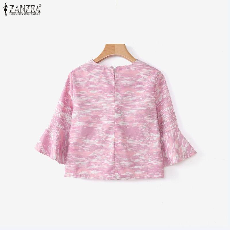 ZANZEA Women Casual Round Neck Flare Sleeve Loose Print Blouse