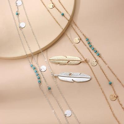 Warstwowy długi naszyjnik dla kobiet turkusowy kamień cekinowy naszyjnik pióro zroszony Strand sweter łańcuszek naszyjniki moda biżuteria kostiumowa prezenty
