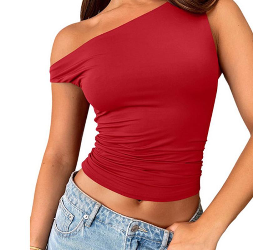 Women's Asymmetric Neck Sleeveless Crop Top Slim Fit Streetwear Ruched Camisole Tank Top