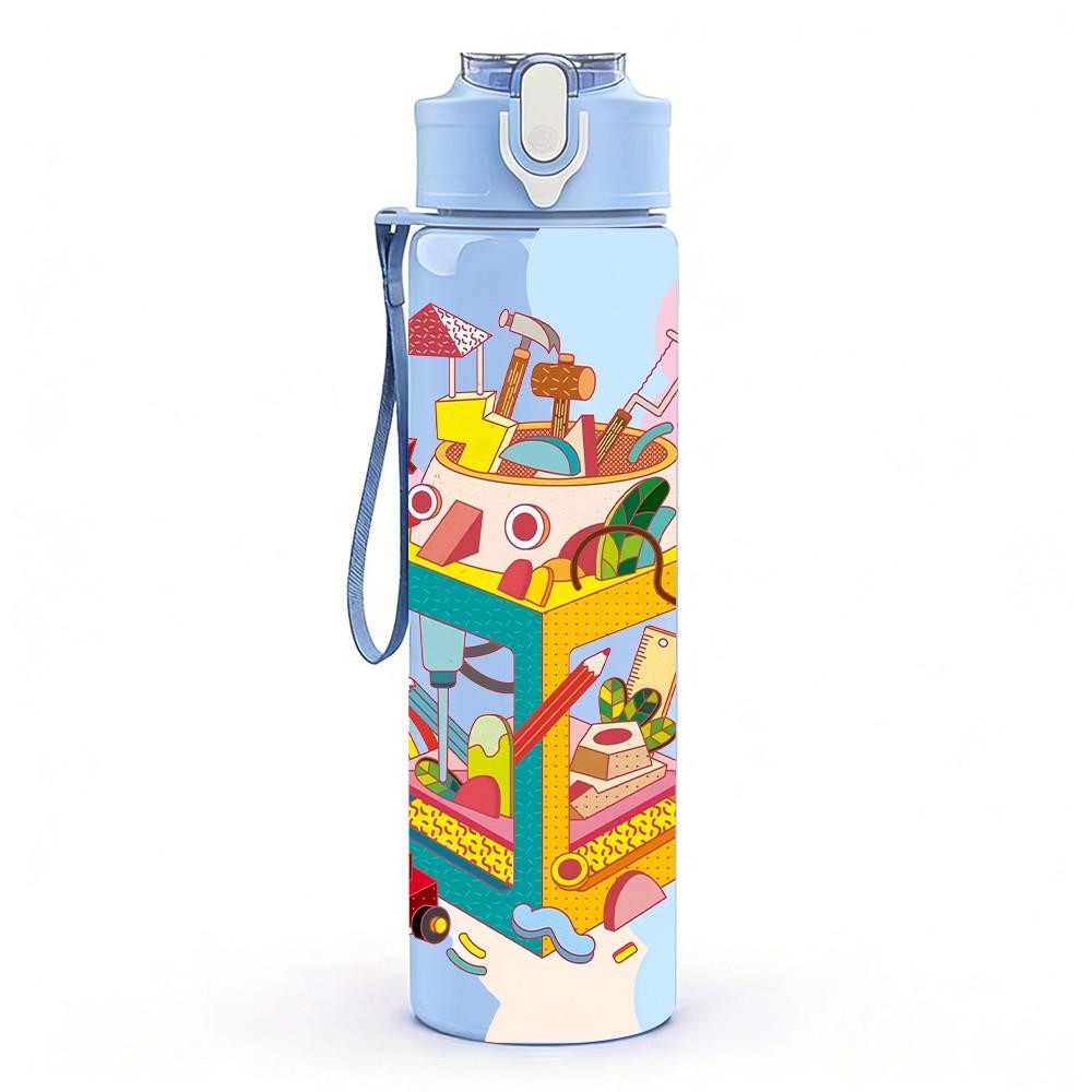 1PC Colorful Magic Box Doodle Art Pattern 750ml Color Plastic Sports Water Bottle Leakproof Flip Straw Lid Suitable for Sports Office Home Use