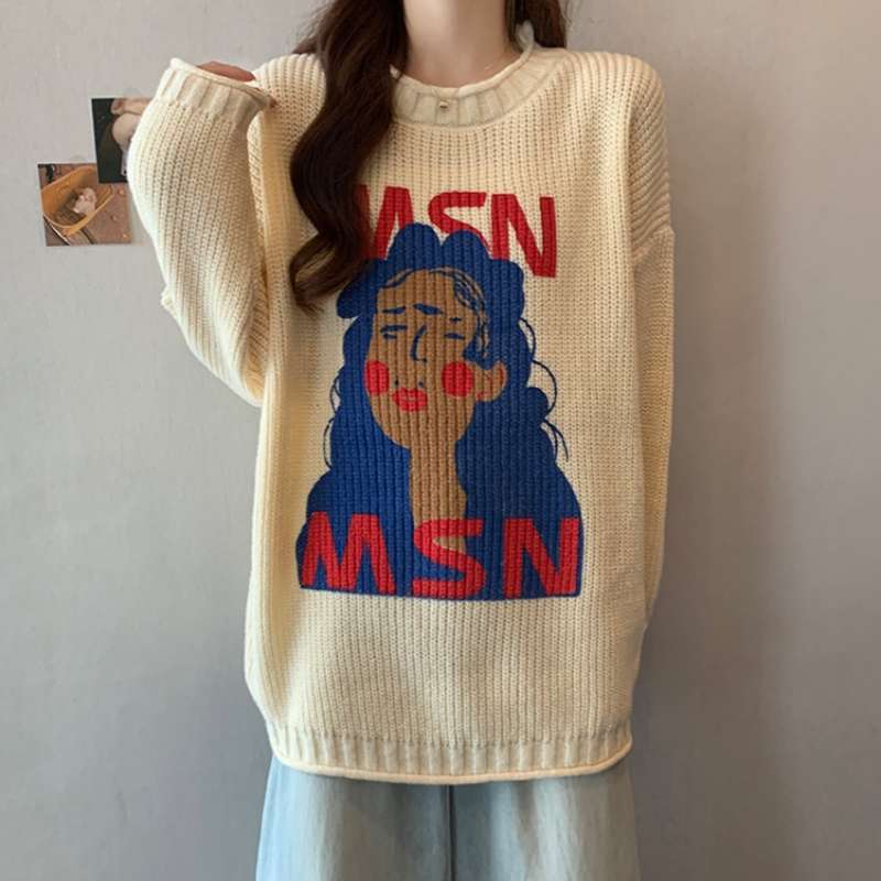 

WTEMPO Длинный рукав свитер женский осенне-зимний свободный низ вязаный свитер пуловер трикотаж джемпер с принтом XXL абрикосовый