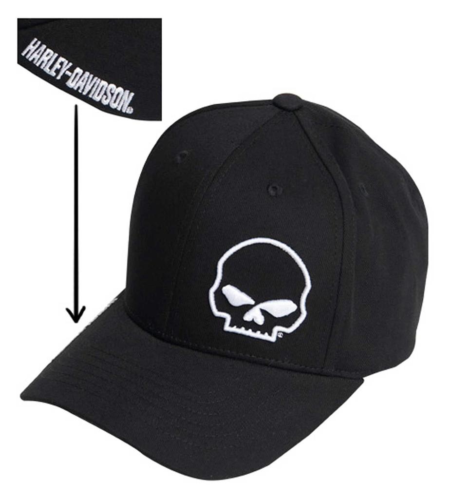 Curved Skull Curved Bill Stretch Fit Baseball Cap Large Harley-Davidson Men's - Black, Black,