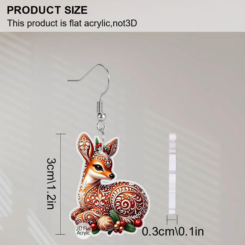 2D Flat Christmas Cartoon Christmas Elk Pattern Earrings Jewelry Gift for Women Female