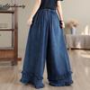 Plus Size Autumn Spring Women Wide Leg Jeans Elastic Waist Drawstring Blue Denim Trousers Layered Ruffles Casual Loose Oversized Jeans