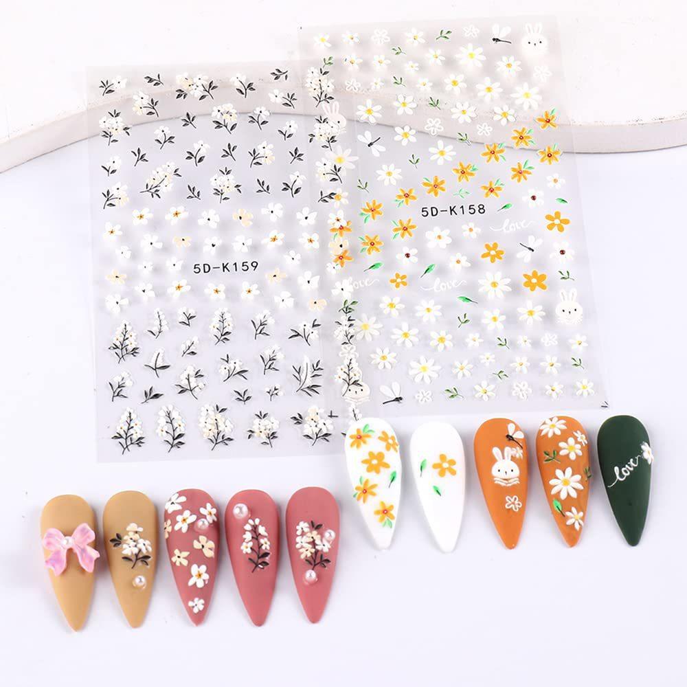 3 5D embossed daisy nail art stickers, floral nail art decals 3D self-adhesive nail art jewelry spring color