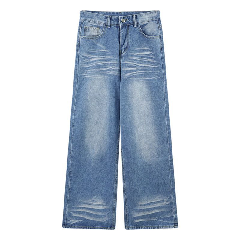 American retro wide-leg jeans women's 2026 summer new washed blue loose and thin straight floor pants