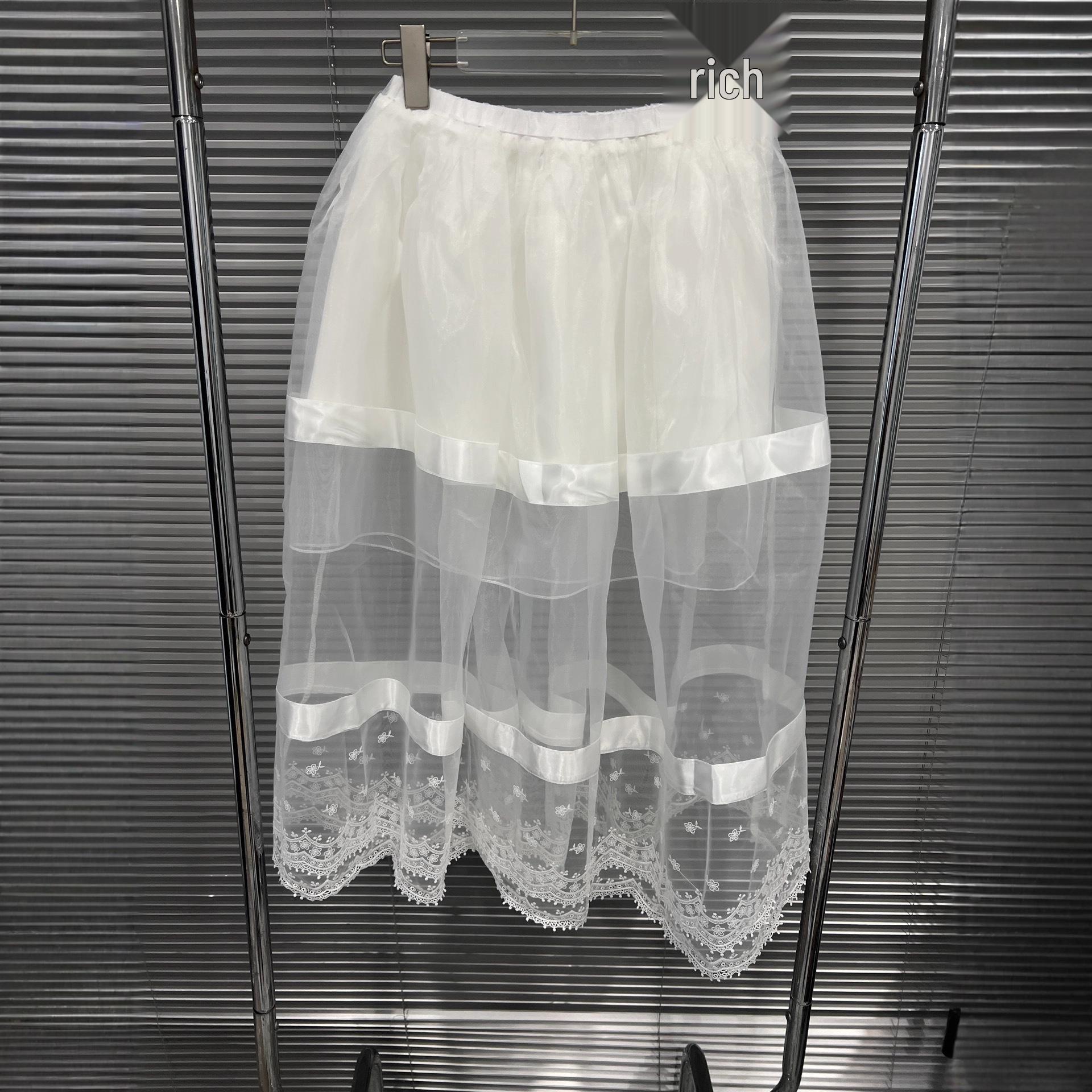 2025 Autumn/Winter Korean Style High-Waisted Dreamy Mesh Lace A-Line Midi Skirt One Size белый