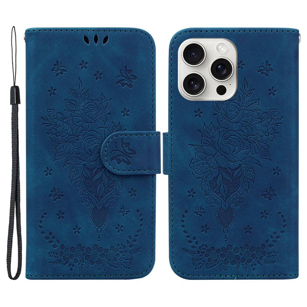 For iPhone 16 Pro Max Wallet Case PU Leather Phone Cover Butterfly Flower Imprint