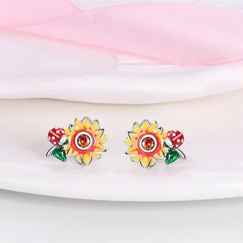 NEW 925 Silver Ear Jewelry Sunflower Flowers Plants Design Stud Earrings Trendy Female Luxury Fine Engagement Wedding Earring