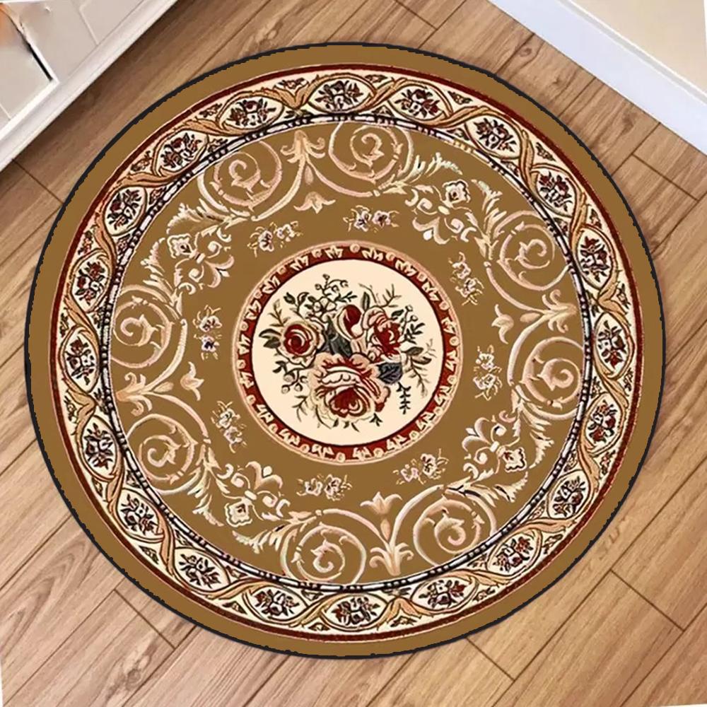Vintage Ethnic Pattern Round Rug Elegant Floral Geometric Scroll Designs Soft NonSlip Carpet For Living Room Bedroom